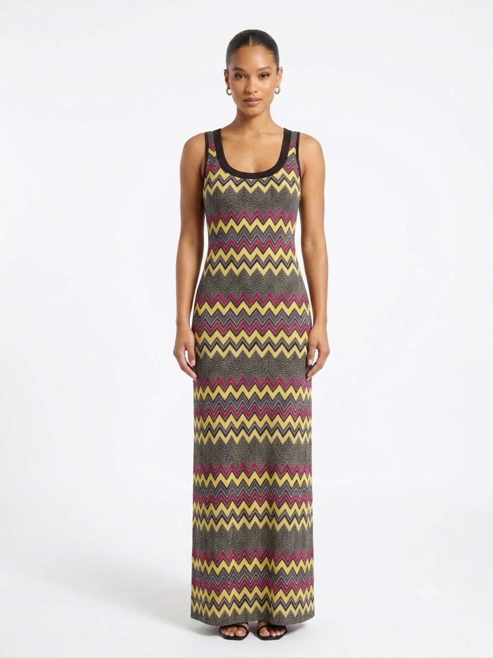 Sleeveless, Chevron Knit Maxi Dress in Olive, Yellow & Magenta - M